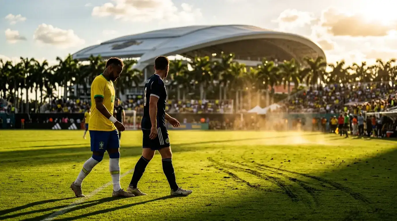 Brazílske a škótske hráče pred zápasom MS 2026 na Hard Rock Stadium v Miami