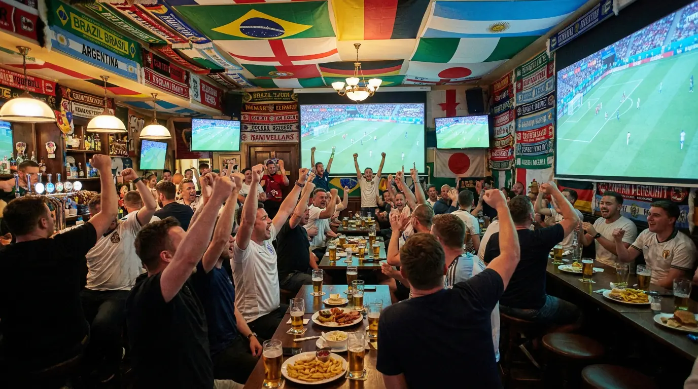 Fanúšikovia sledujú futbalový zápas na veľkoplošnej obrazovke v športovom bare