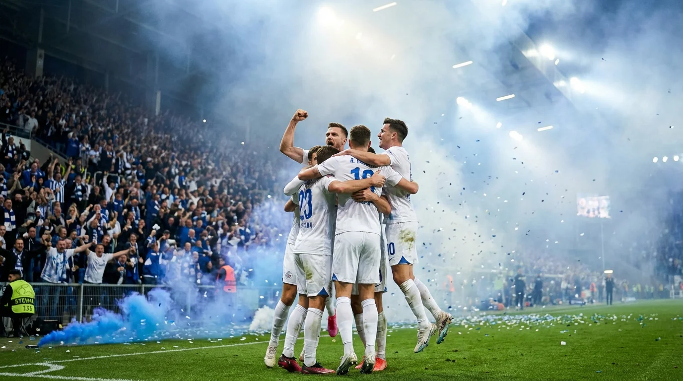Futbalisti v bielych dresoch oslavujú gól na domácom štadióne pred nadšenými fanúšikmi
