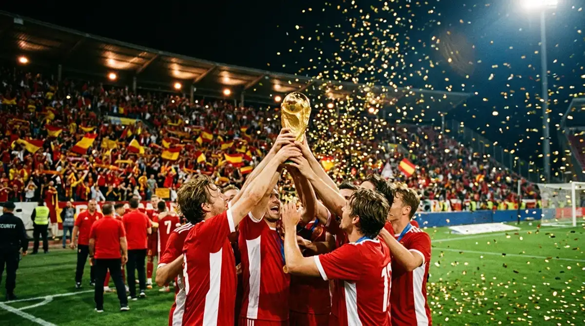 Španielski futbalisti oslavujú zisk titulu majstra sveta na MS 2026 s trofejou